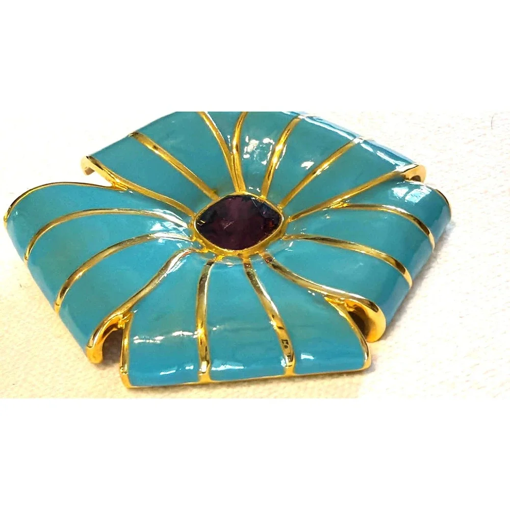 Kenneth Jay Lane Vintage Turquoise Enamel Purple Stone Bold Statement Brooch 80s